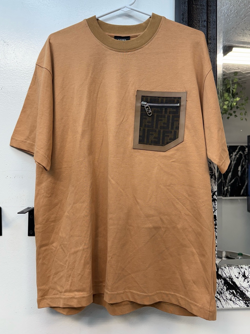 Fendi Men's Tan Short Sleeve T‑Shirt with Branded Zip Pocket